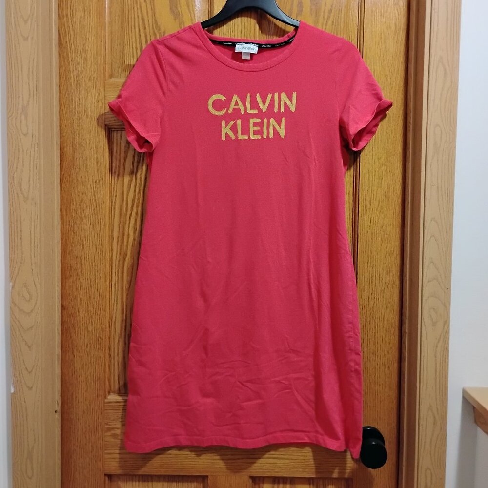 Calvin Kline Logo T-Shirt Dress Watermelon and Gold Size L
